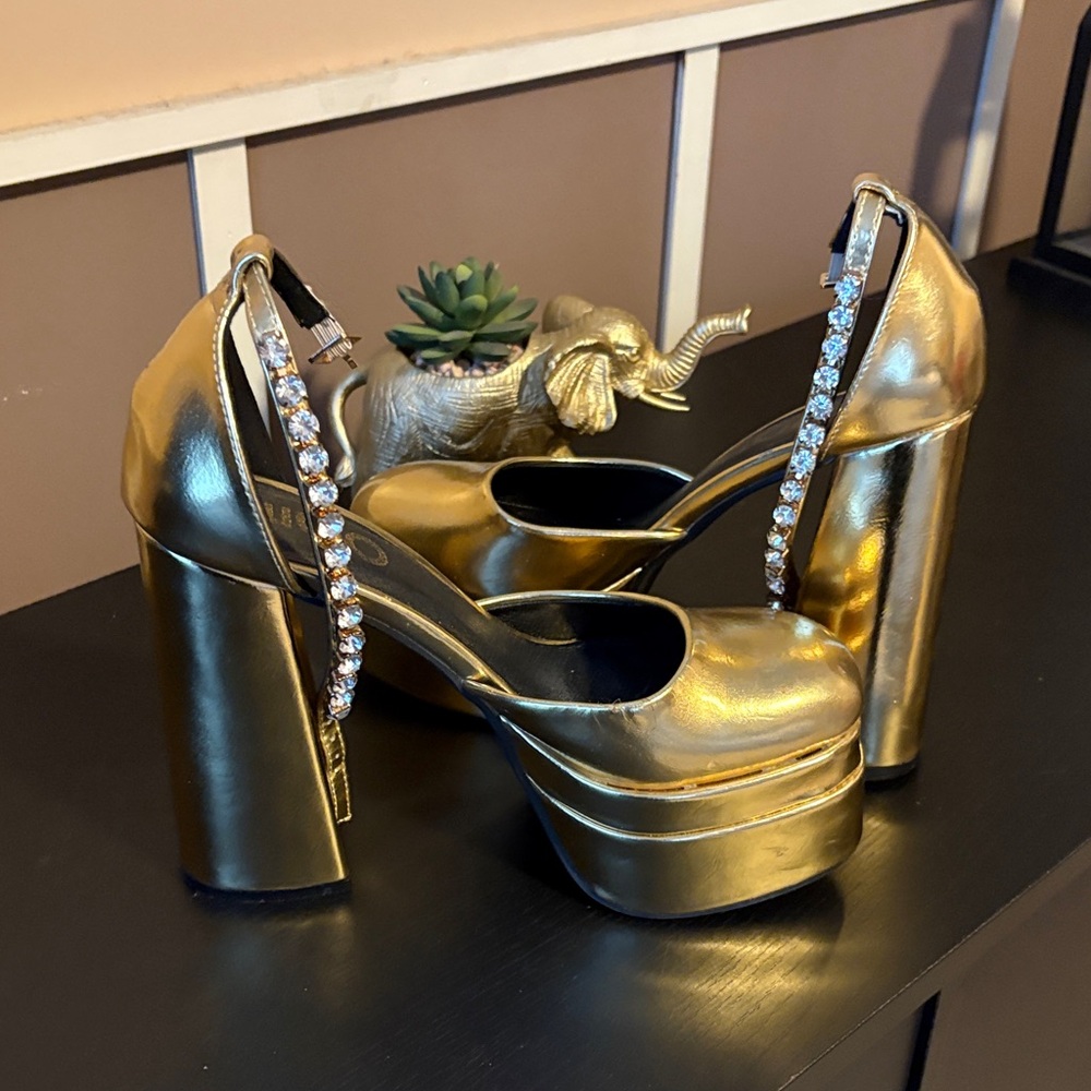 Gold Platform Heels with Rhinestone Straps